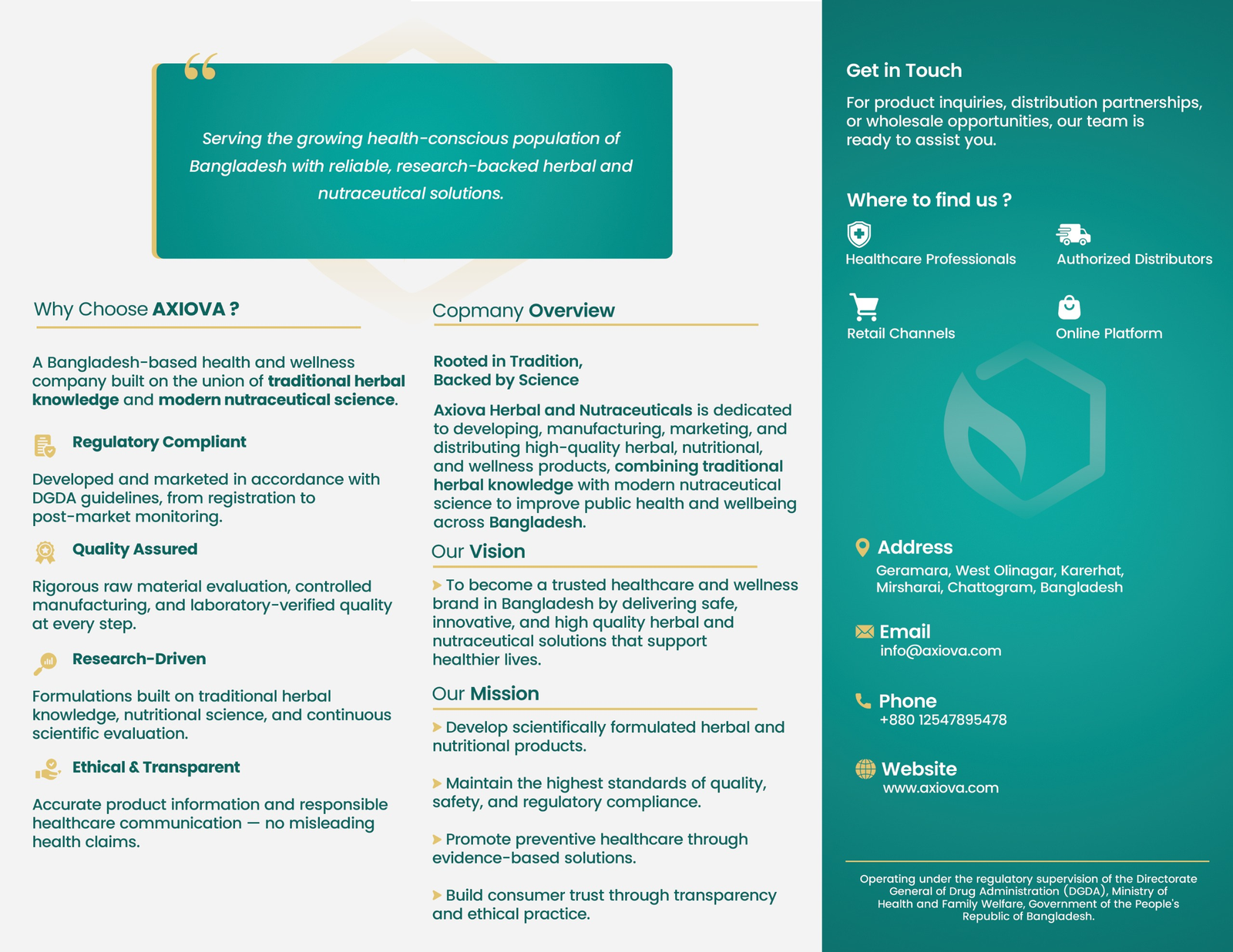 Axiova company overview, mission, contact details, and distribution channels from corporate brochure